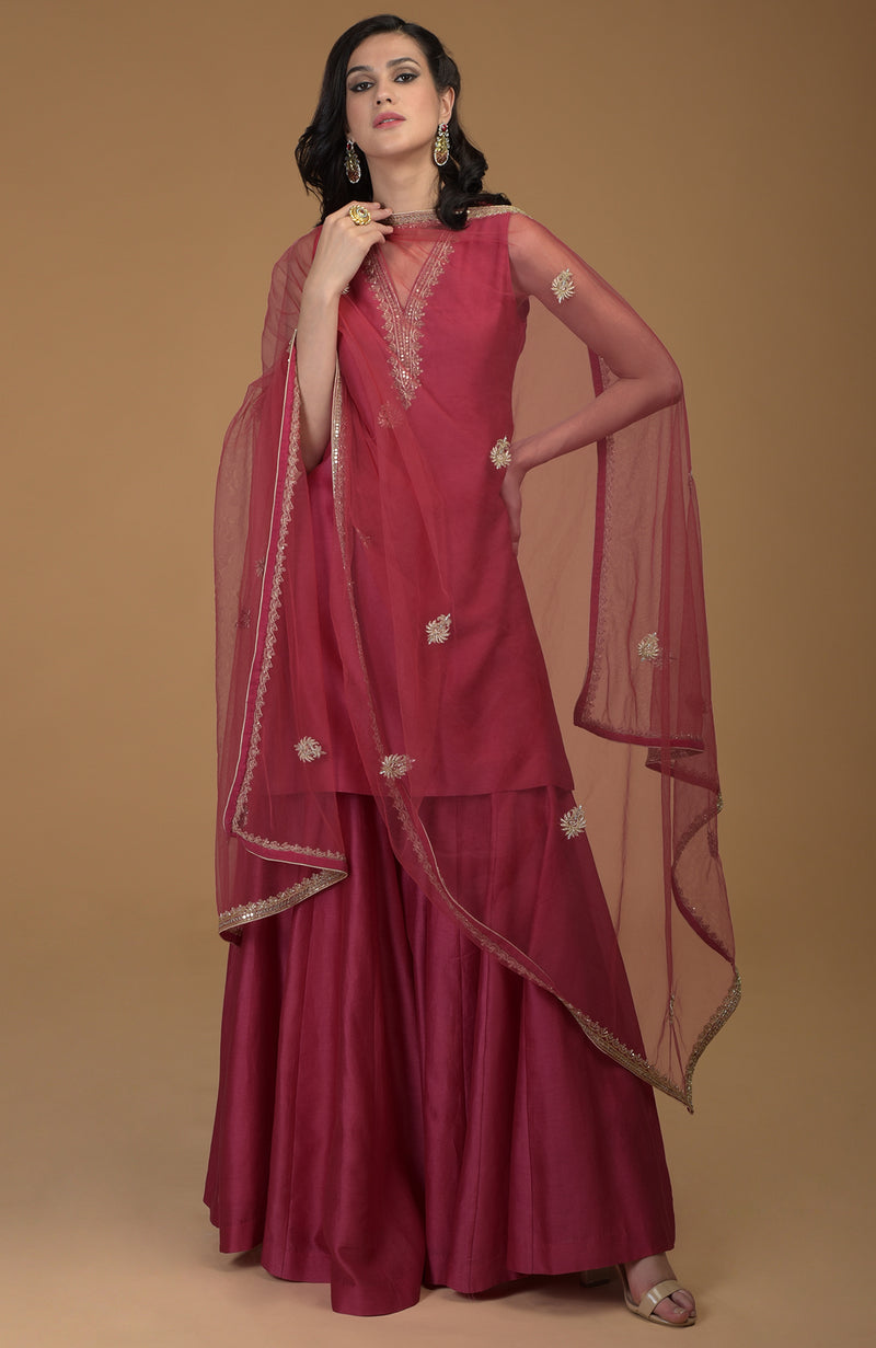 Ruby Red Zardozi Hand Embroidered Gharara Suit