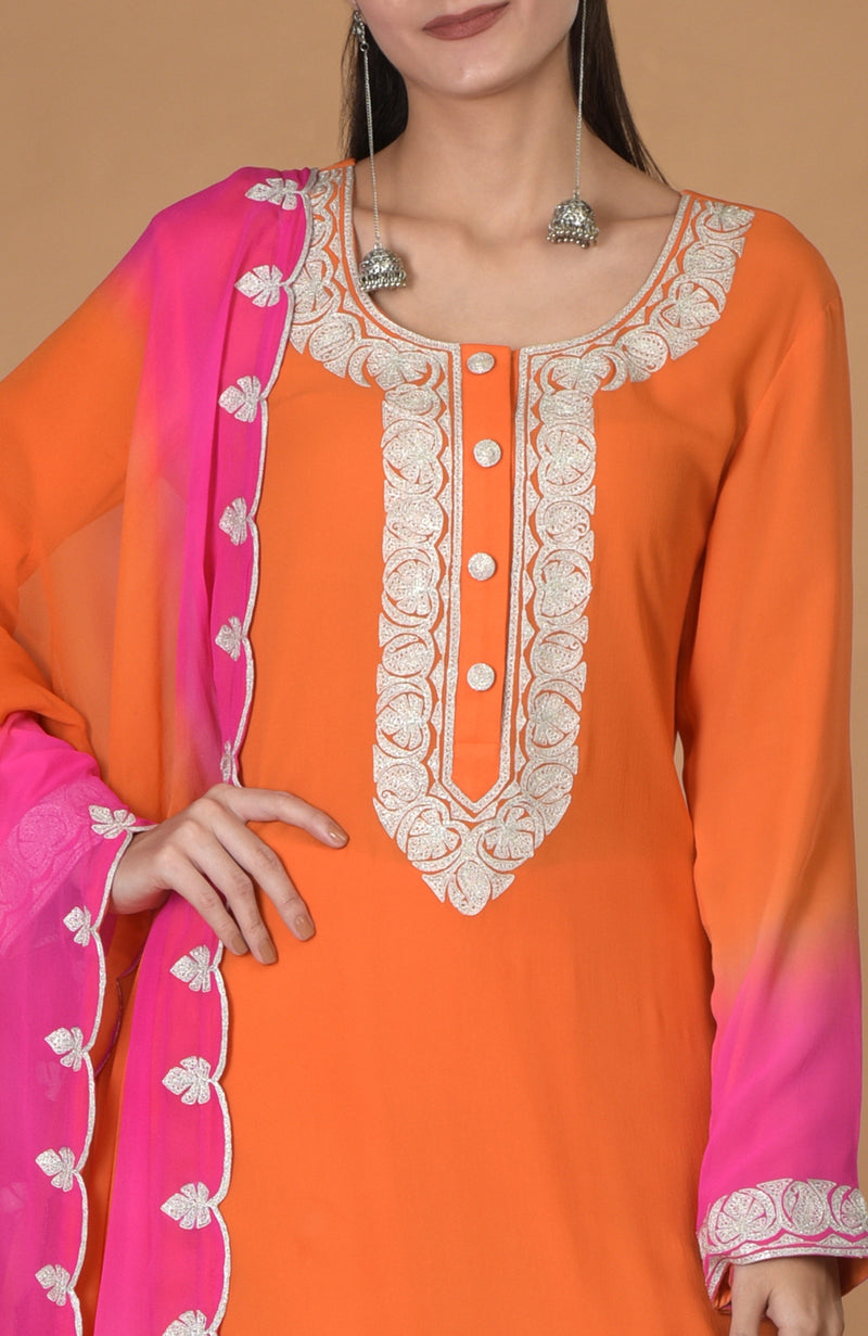 Orange-Hot Pink Ombre Tilla Embroidered Kurta Set