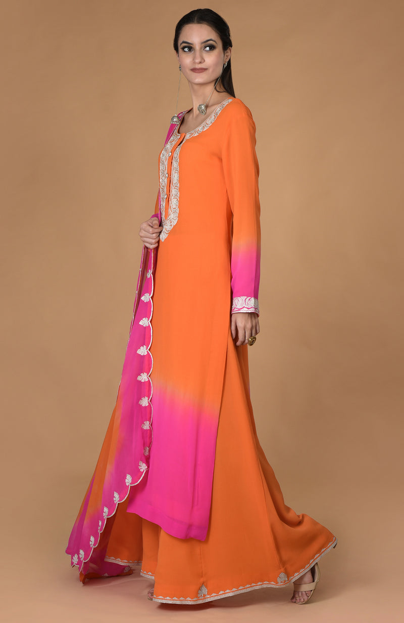 Orange-Hot Pink Ombre Tilla Embroidered Kurta Set
