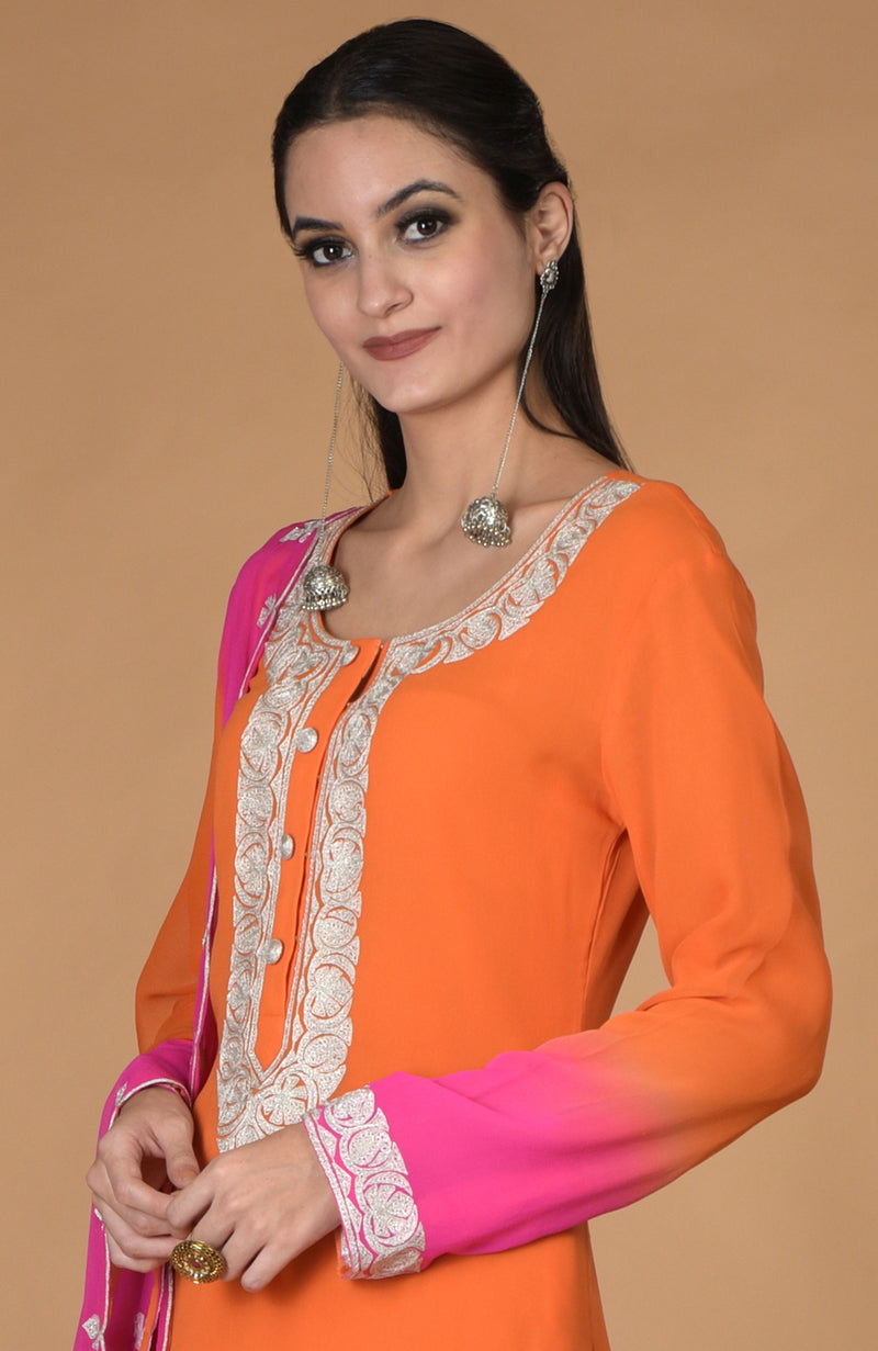 Orange-Hot Pink Ombre Tilla Embroidered Kurta Set