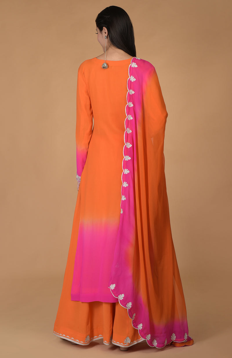 Orange-Hot Pink Ombre Tilla Embroidered Kurta Set
