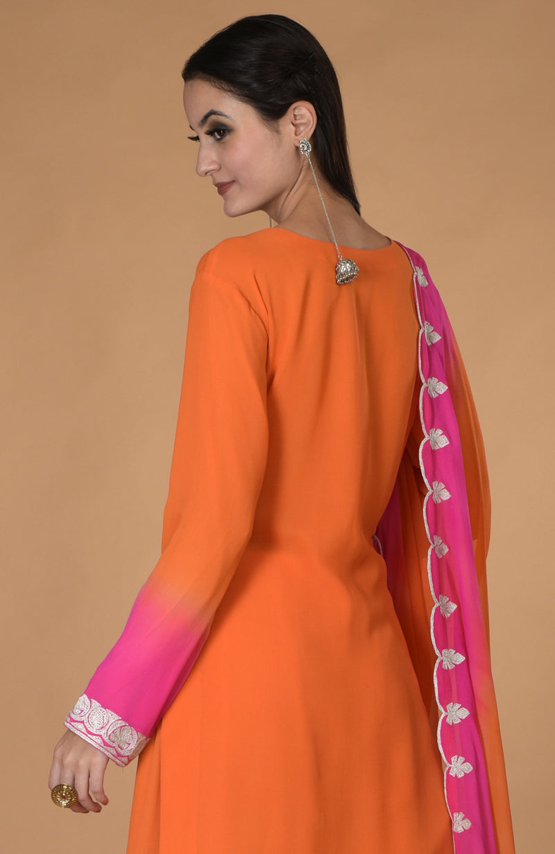 Orange-Hot Pink Ombre Tilla Embroidered Kurta Set