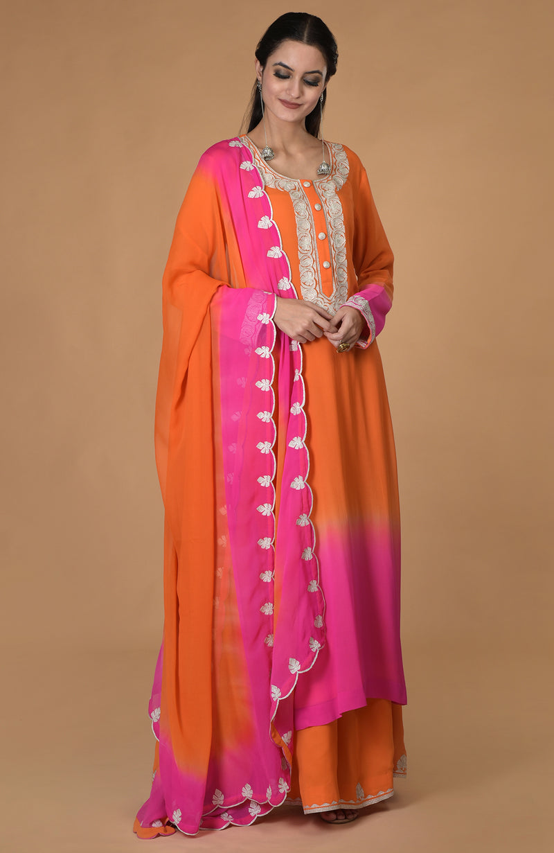 Orange-Hot Pink Ombre Tilla Embroidered Kurta Set
