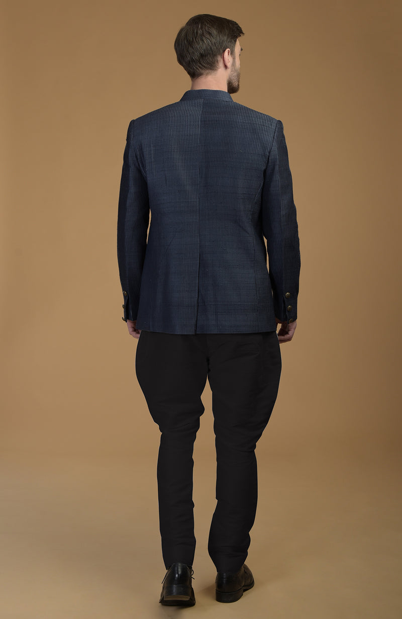 Orion Blue Pintuck Raw Silk Bandhgala Jacket