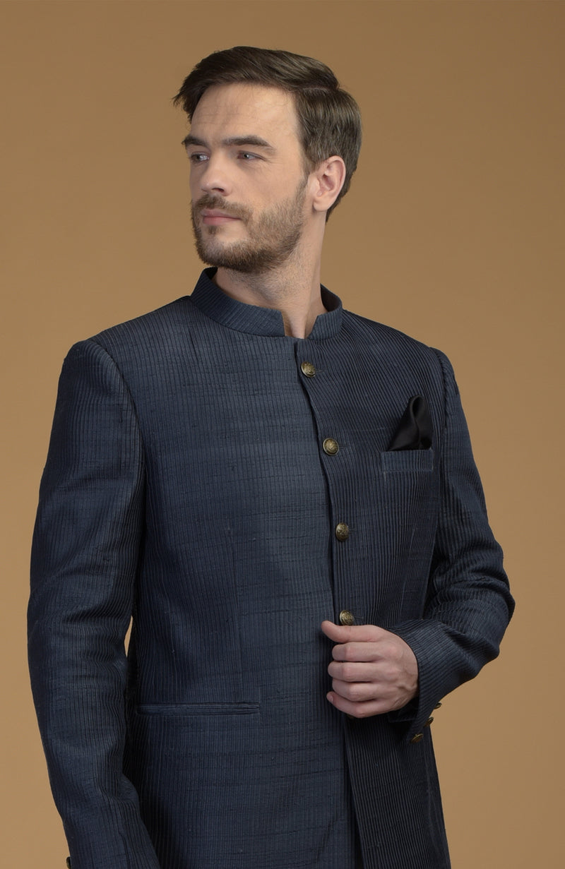 Charcoal Grey Pintuck Raw Silk Bandhgala Jacket
