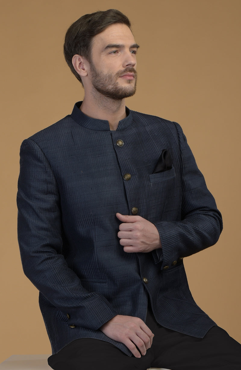 Orion Blue Pintuck Raw Silk Bandhgala Jacket