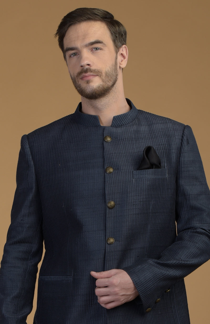 Orion Blue Pintuck Raw Silk Bandhgala Jacket