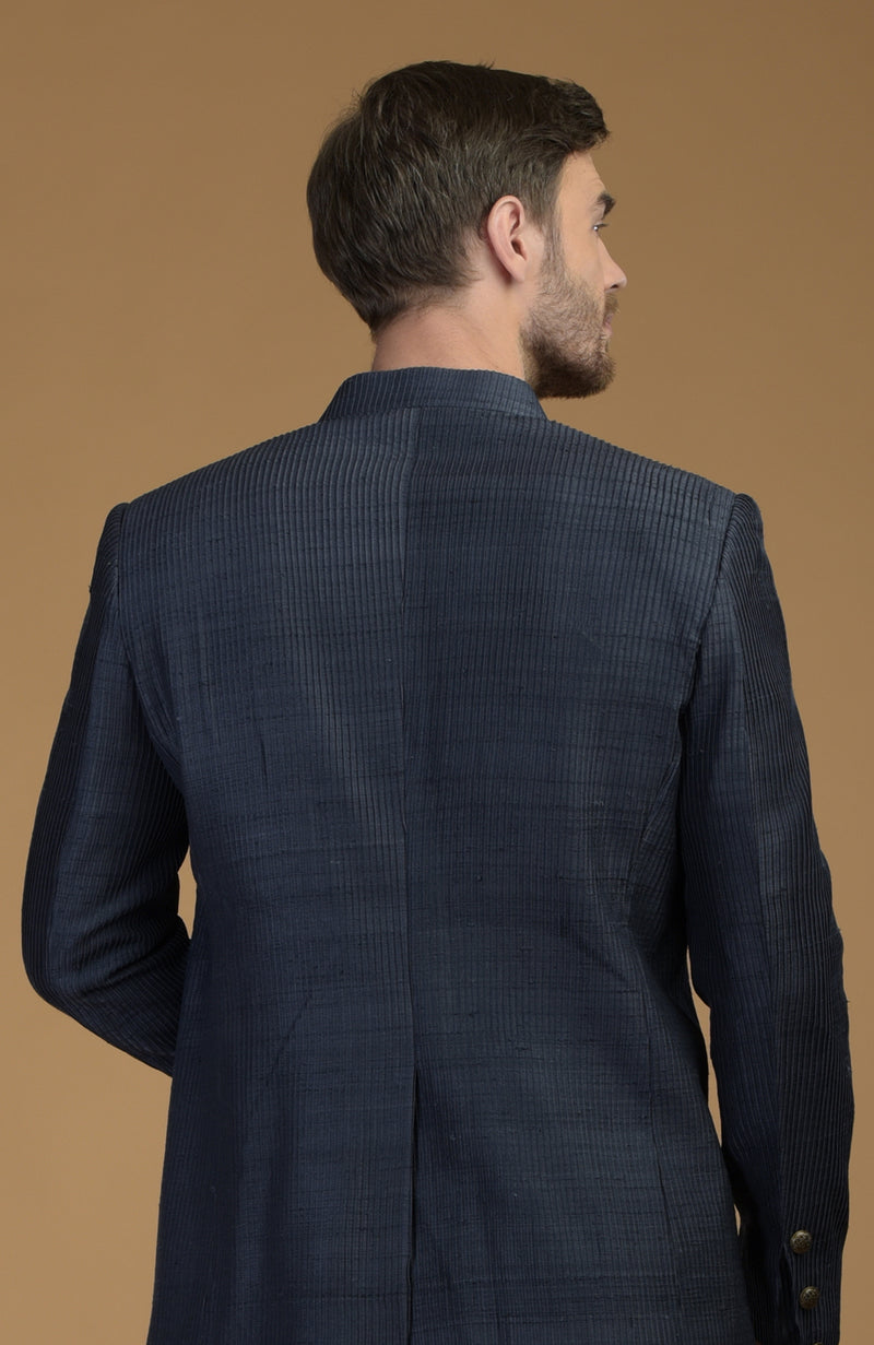 Orion Blue Pintuck Raw Silk Bandhgala Jacket