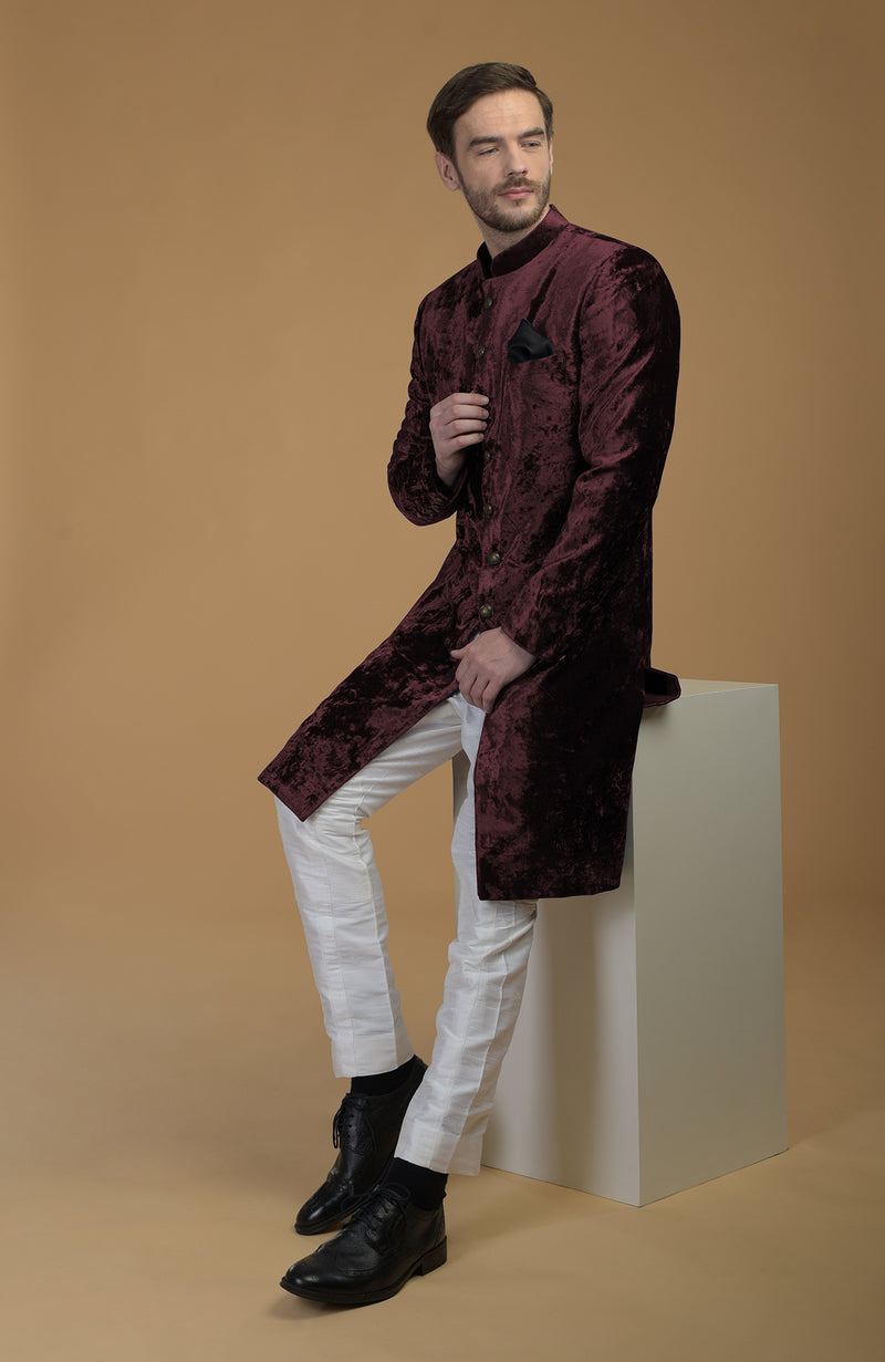 Maroon Silk Velvet Sherwani
