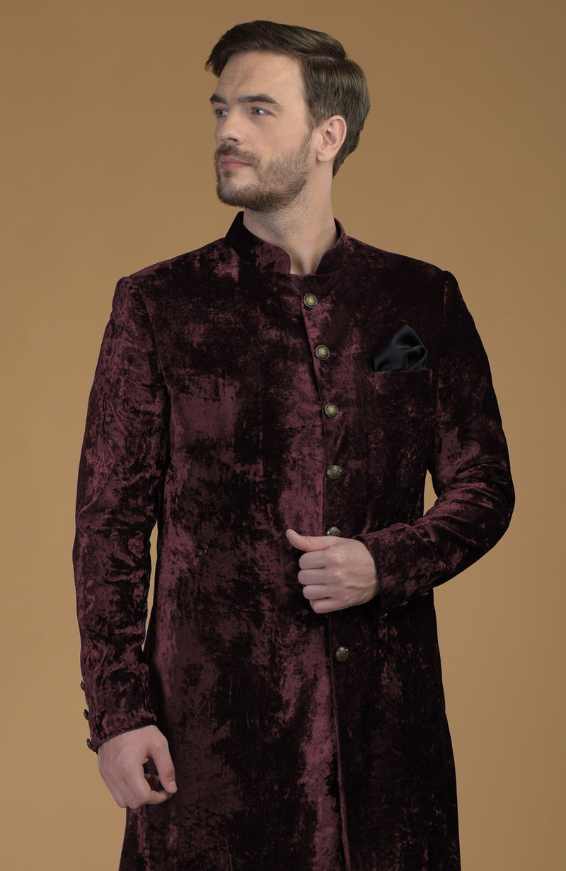 Maroon Silk Velvet Sherwani