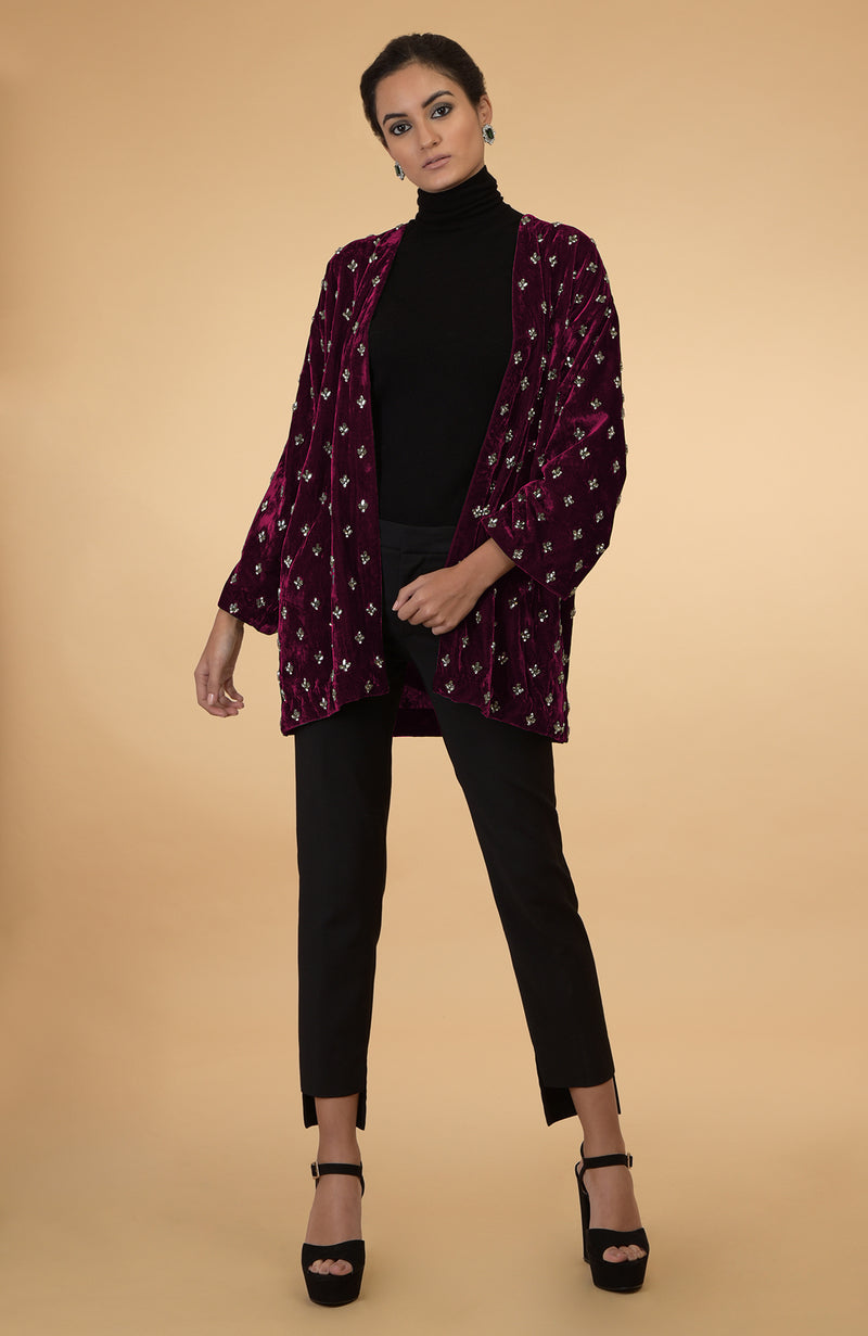Maroon Crystal Hand Embroidered Silk Velvet Jacket