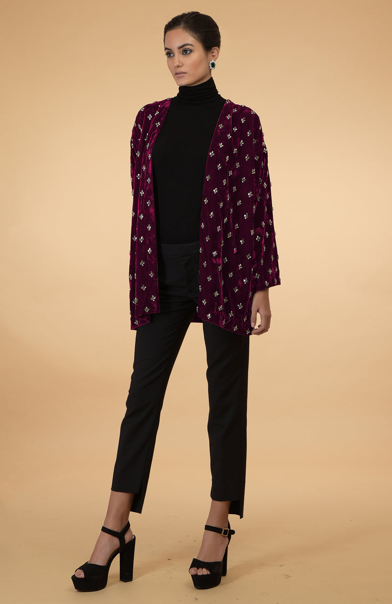 Maroon Crystal Hand Embroidered Silk Velvet Jacket