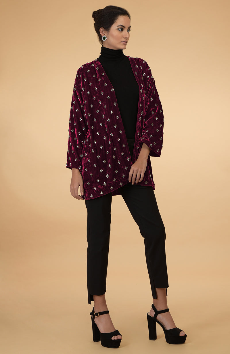 Maroon Crystal Hand Embroidered Silk Velvet Jacket