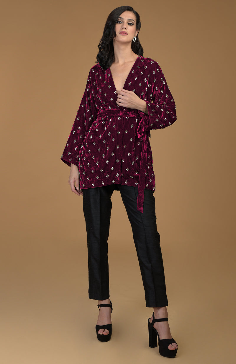 Maroon Crystal Hand Embroidered Silk Velvet Jacket