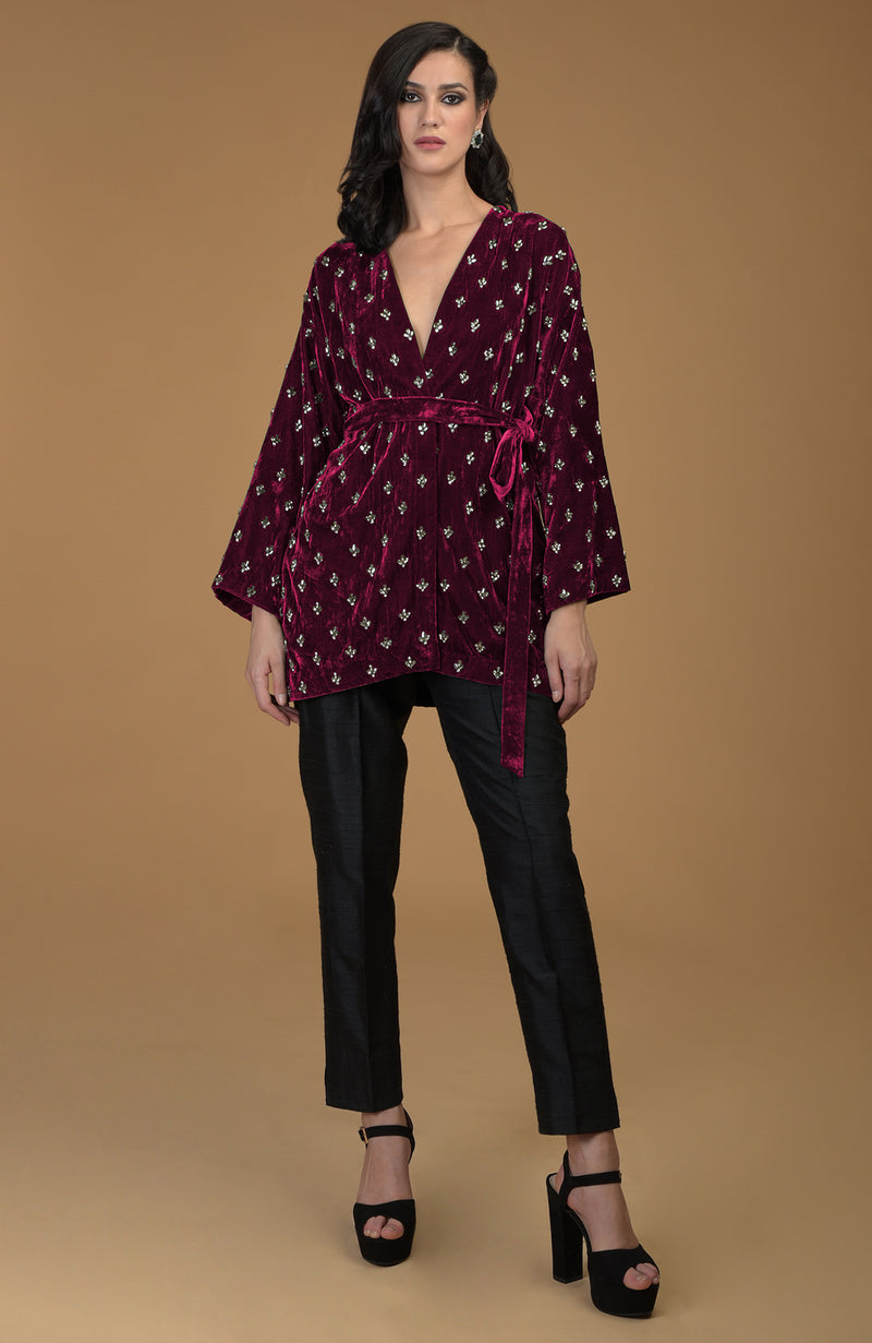 Maroon Crystal Hand Embroidered Silk Velvet Jacket