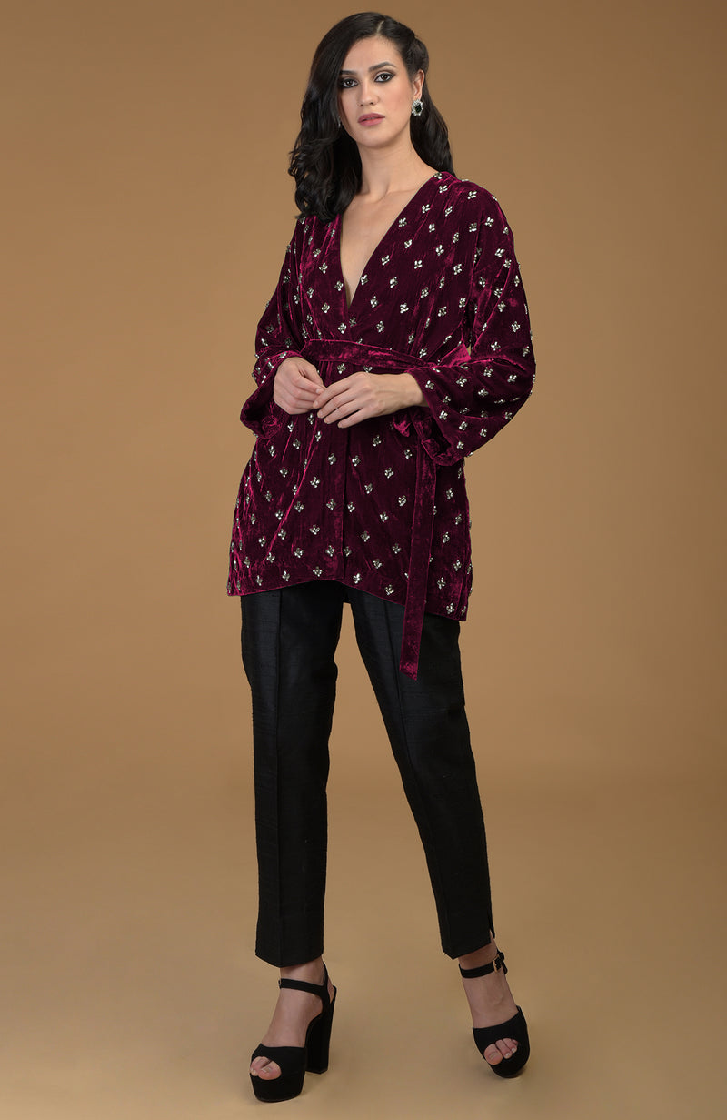 Maroon Crystal Hand Embroidered Silk Velvet Jacket