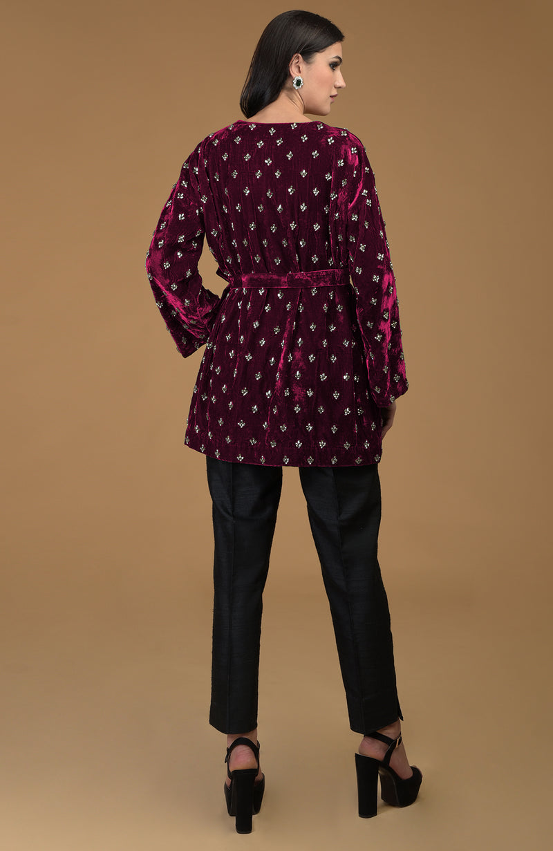 Maroon Crystal Hand Embroidered Silk Velvet Jacket