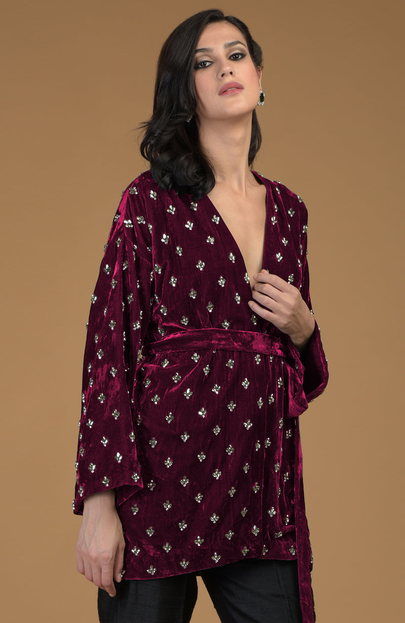 Maroon Crystal Hand Embroidered Silk Velvet Jacket