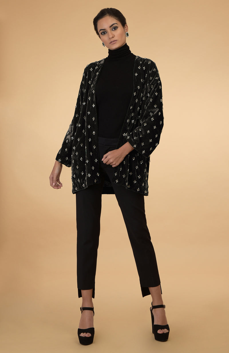 Dark Olive Crystal Hand Embroidered Silk Velvet Jacket