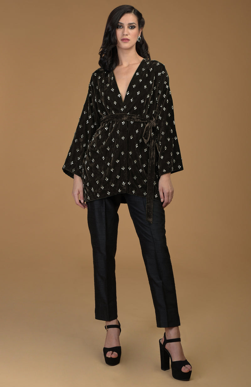Dark Olive Crystal Hand Embroidered Silk Velvet Jacket