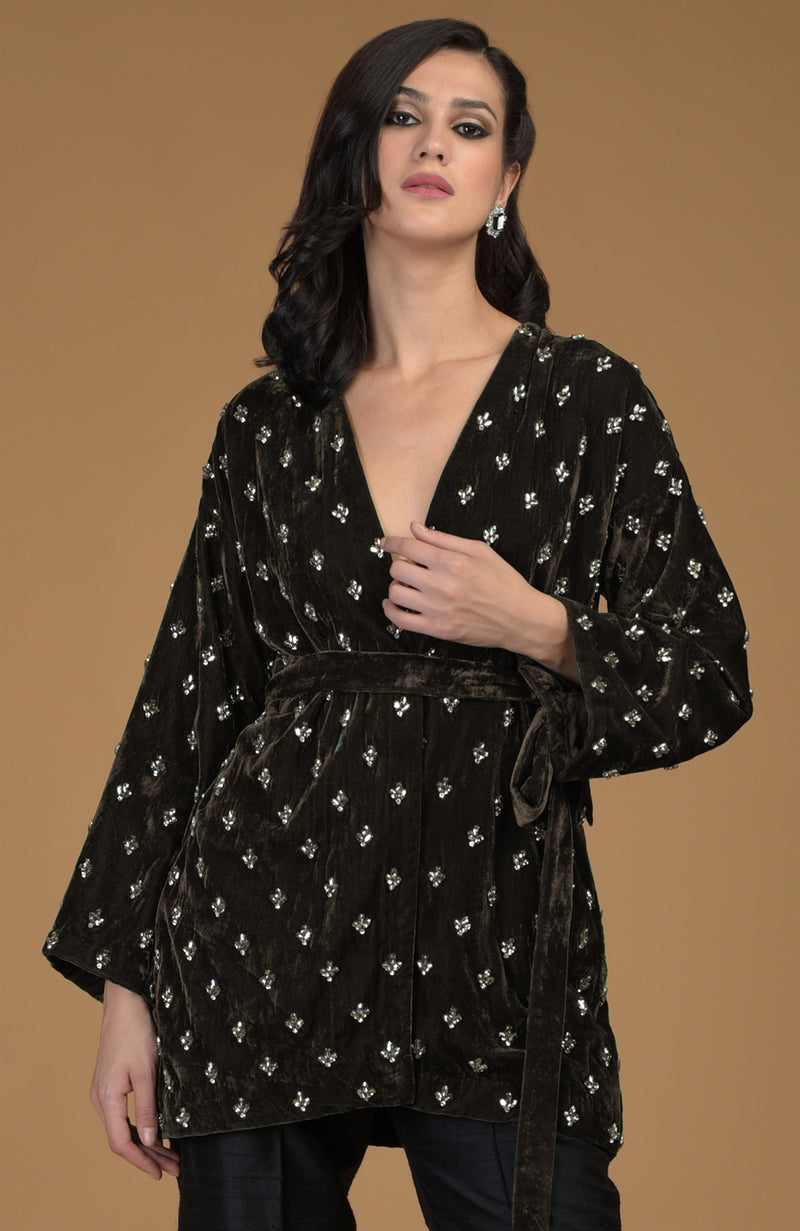 Dark Olive Crystal Hand Embroidered Silk Velvet Jacket