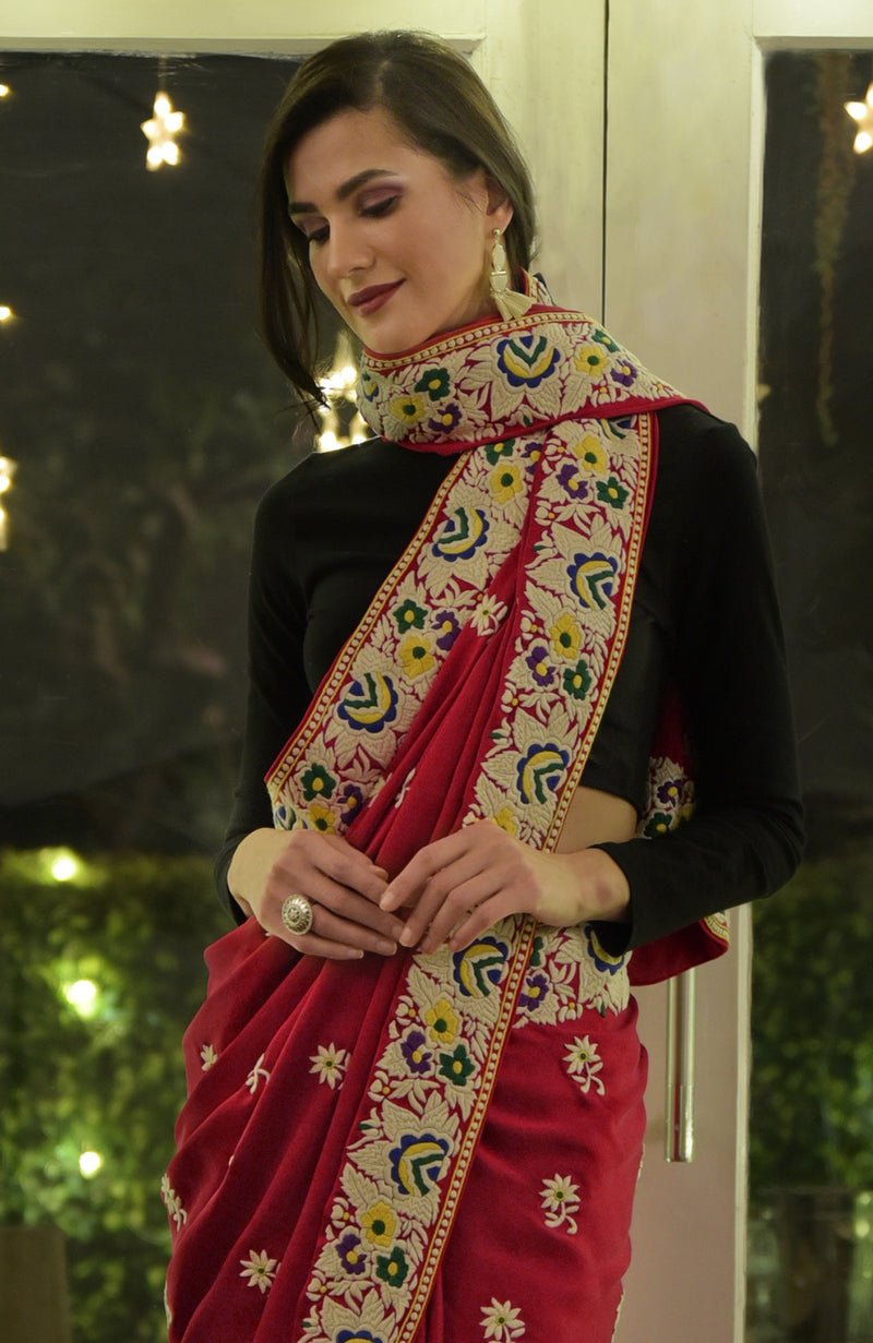 Masterpiece Red Parsi Gara Hand Embroidered Saree
