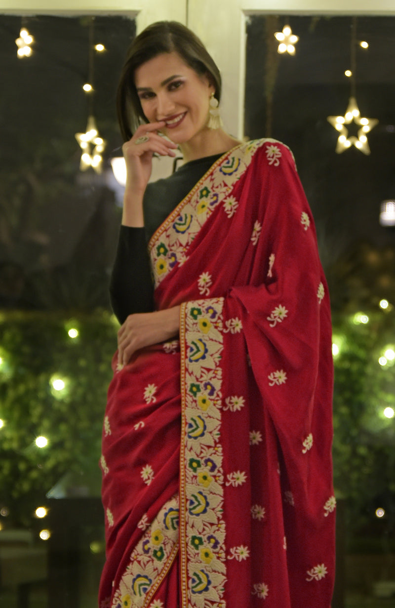 Masterpiece Red Parsi Gara Hand Embroidered Saree