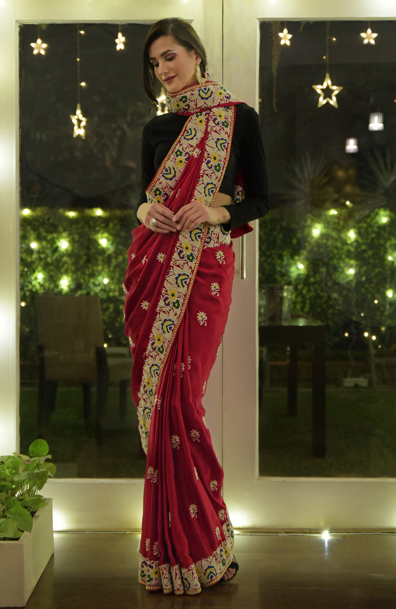 Masterpiece Red Parsi Gara Hand Embroidered Saree