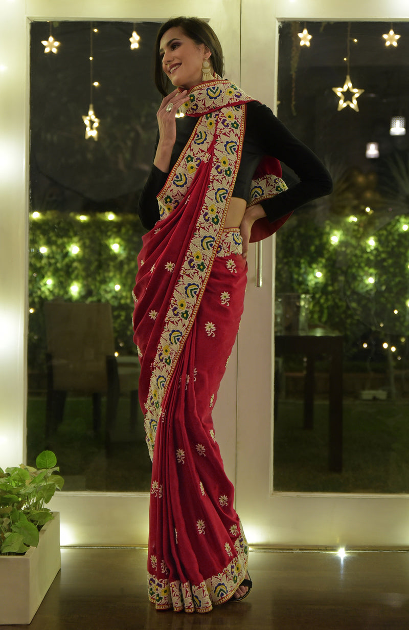 Masterpiece Red Parsi Gara Hand Embroidered Saree