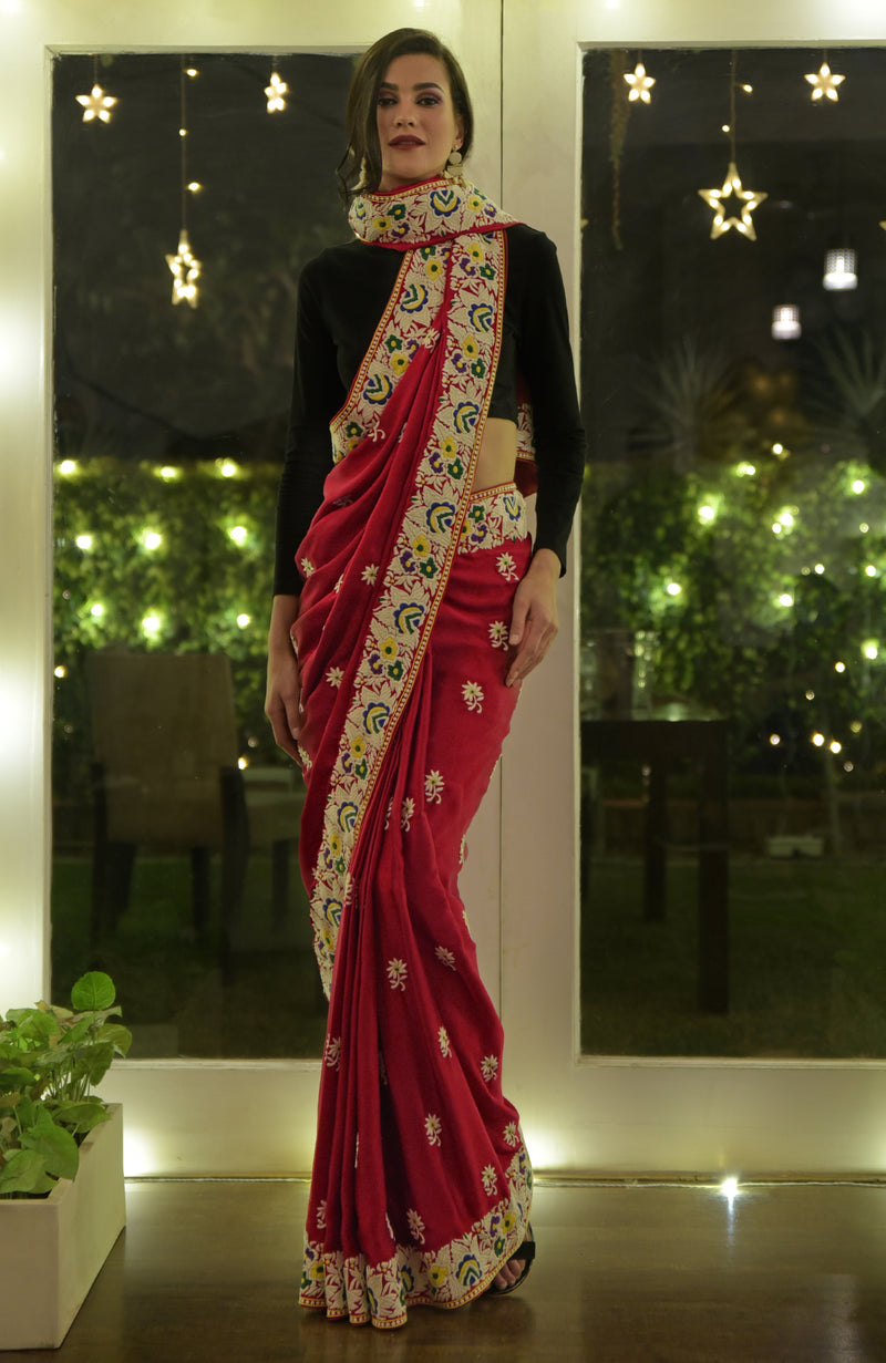 Masterpiece Red Parsi Gara Hand Embroidered Saree
