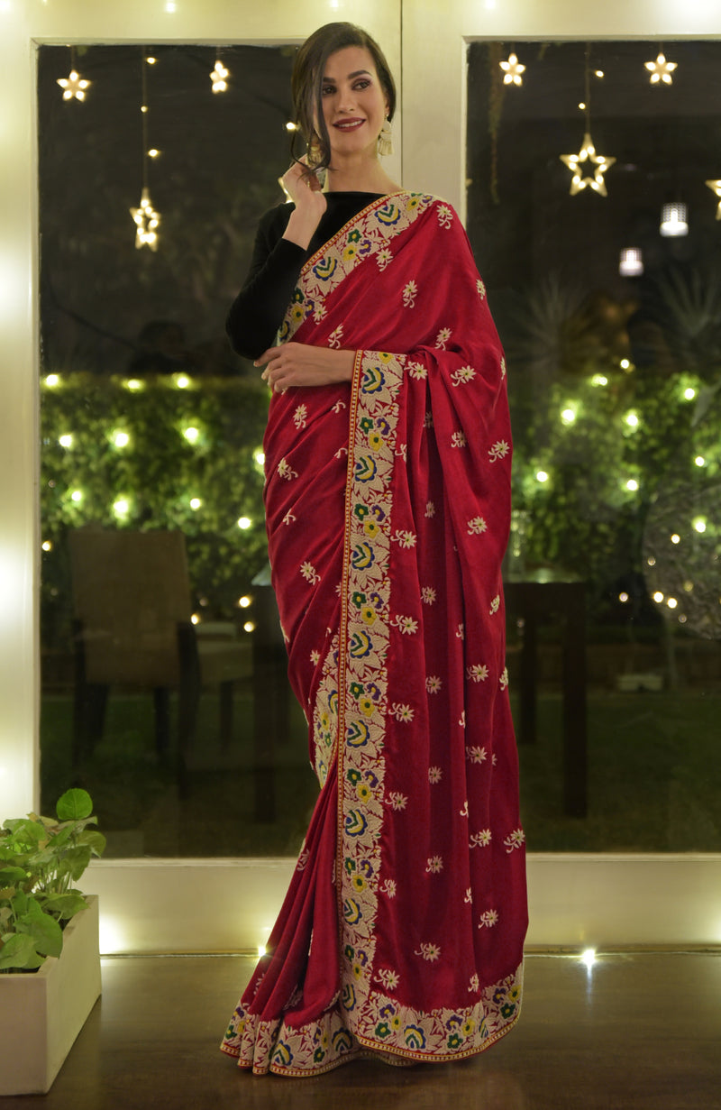 Masterpiece Red Parsi Gara Hand Embroidered Saree