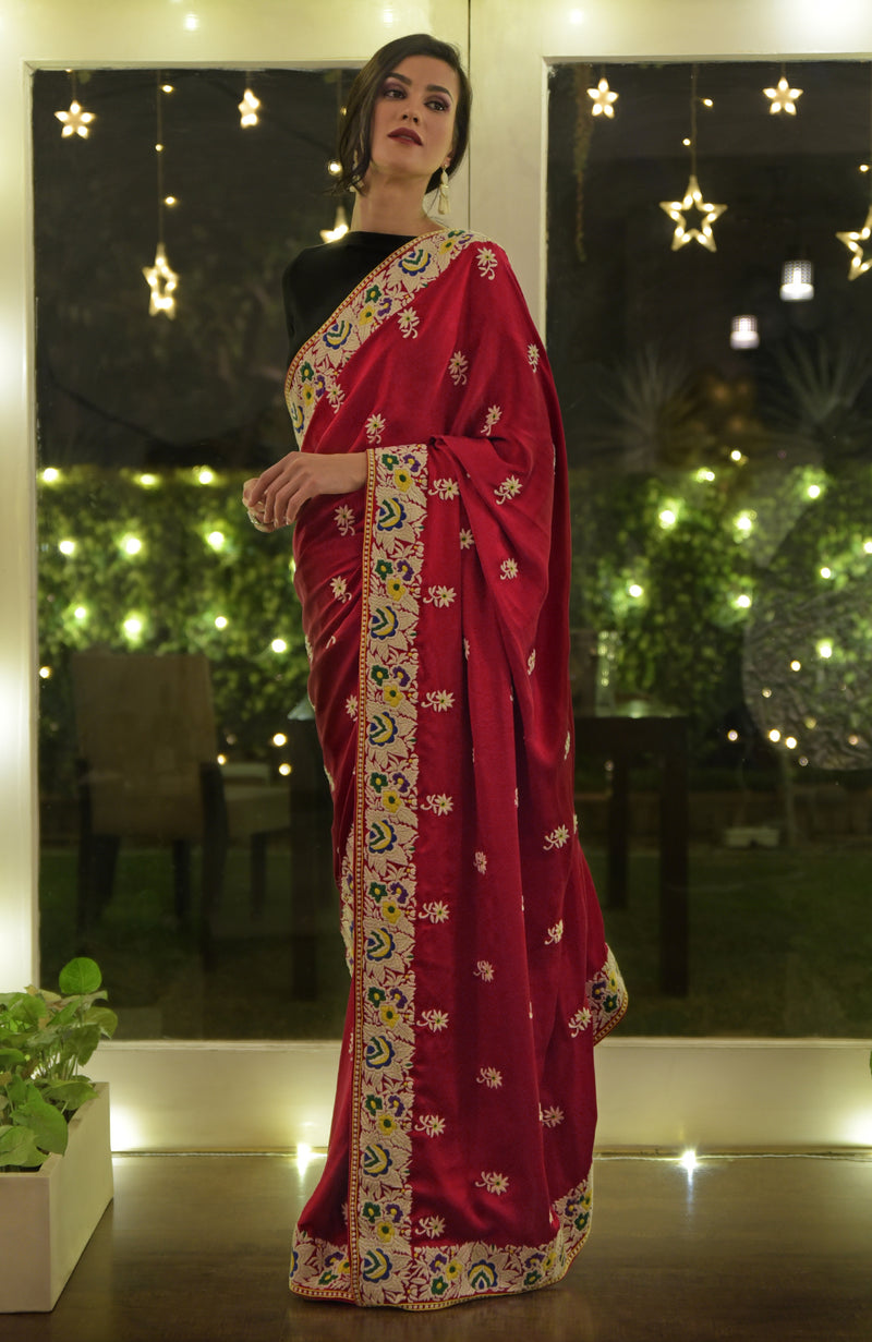 Masterpiece Red Parsi Gara Hand Embroidered Saree