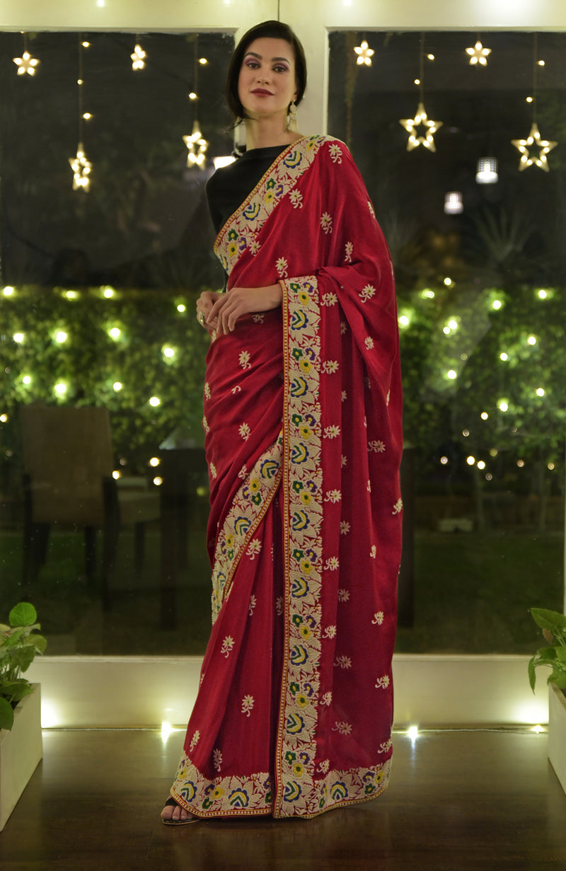 Masterpiece Red Parsi Gara Hand Embroidered Saree