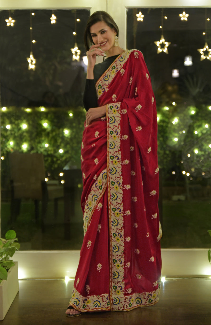Masterpiece Red Parsi Gara Hand Embroidered Saree