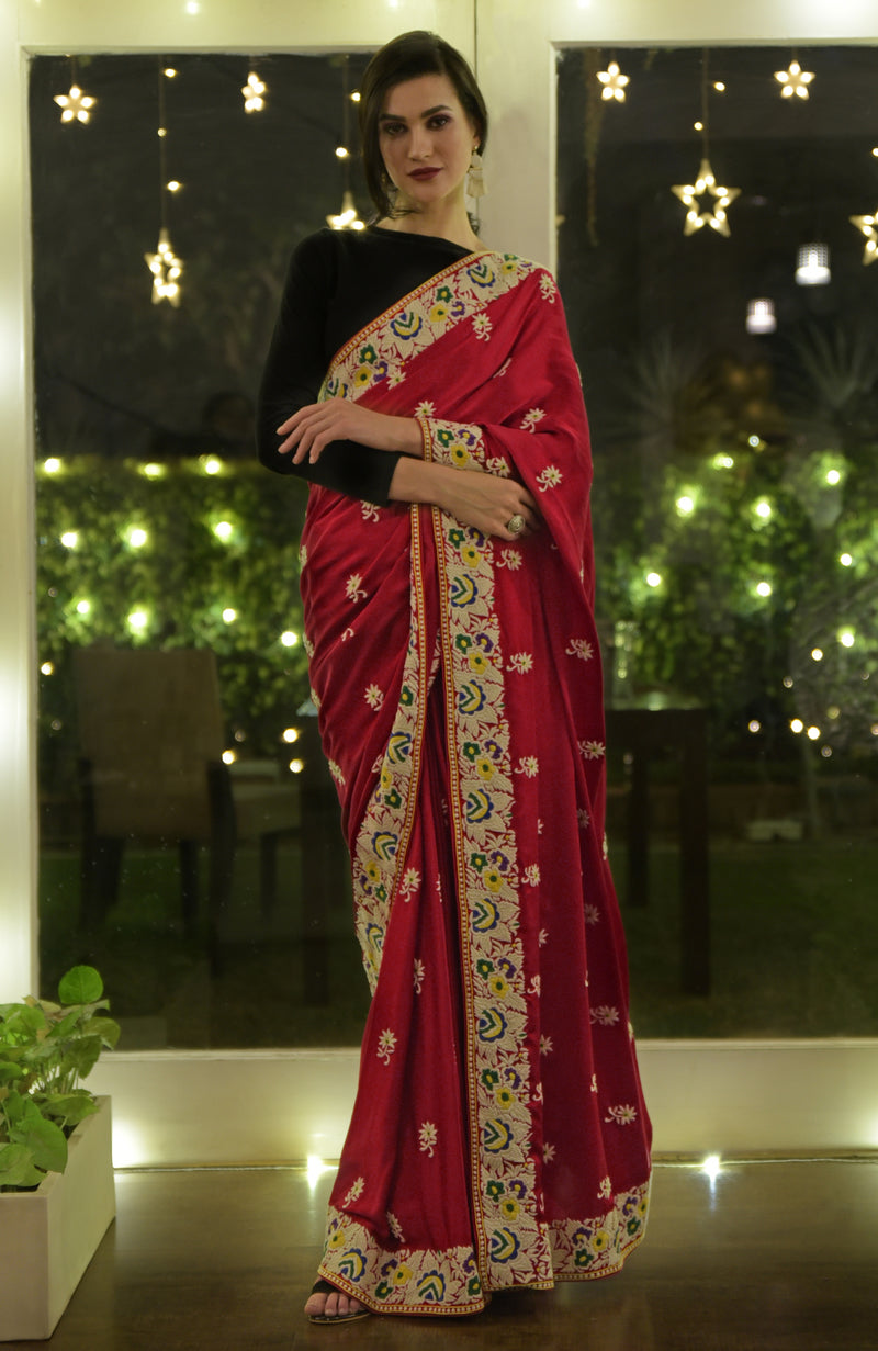 Masterpiece Red Parsi Gara Hand Embroidered Saree