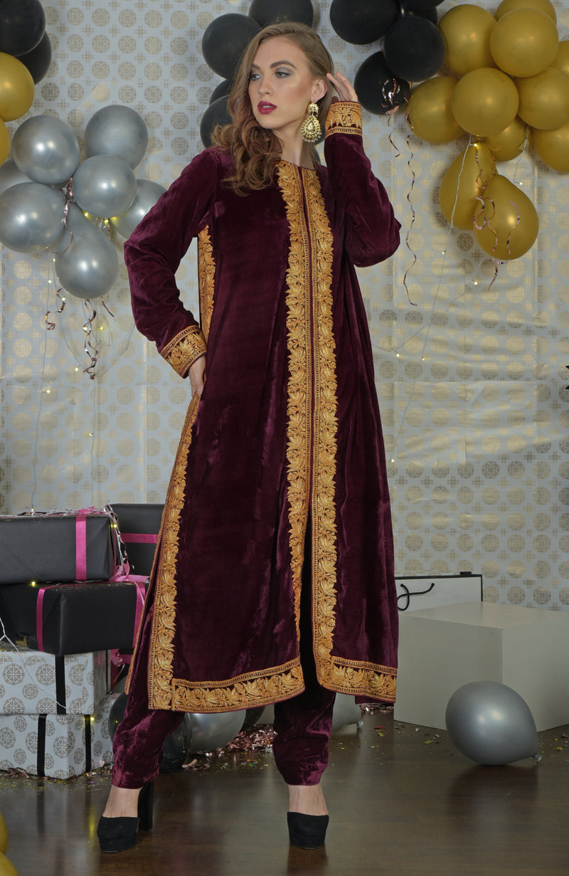 Burgundy Kashmir Tilla Embroidered Kurta Set With Dupatta