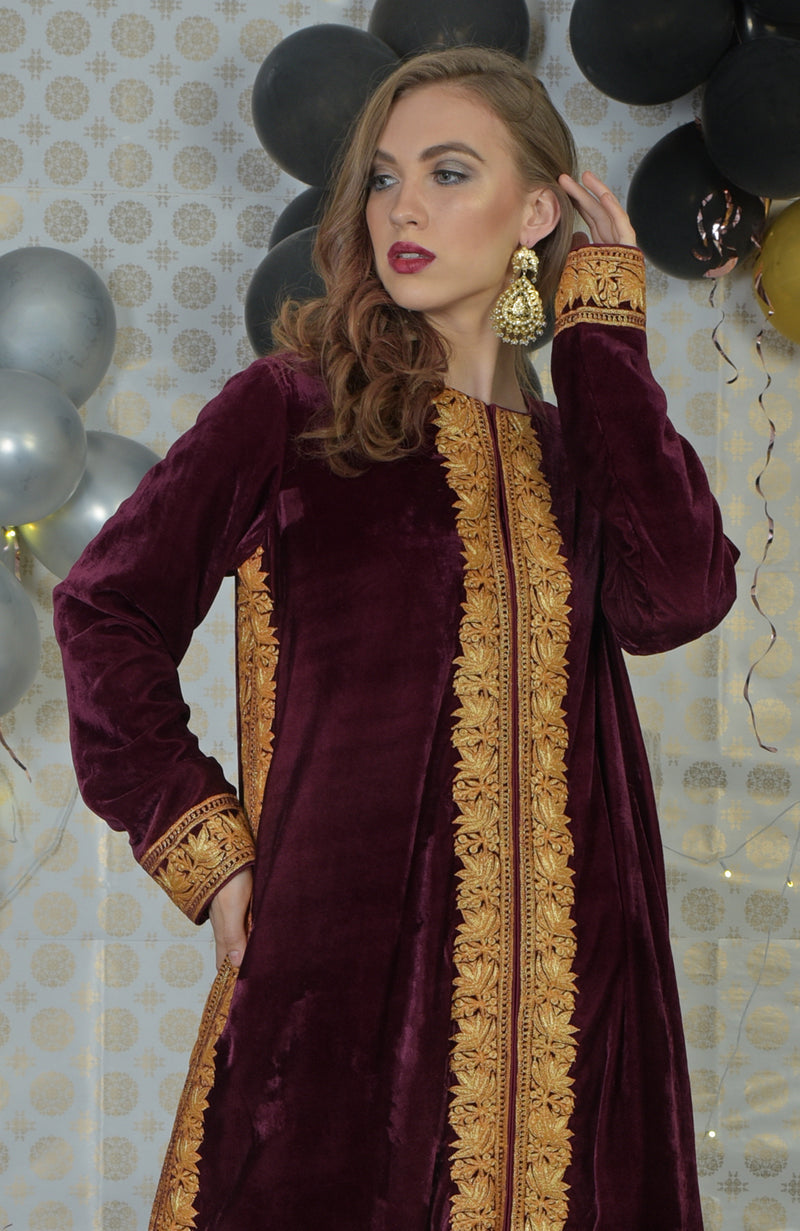 Burgundy Kashmir Tilla Embroidered Kurta Set With Dupatta