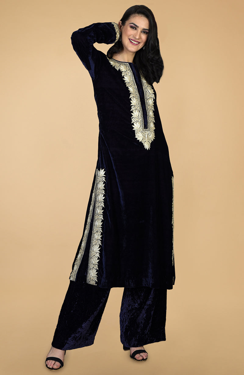 Midnight Blue Silk Velvet Kashmiri Tilla Embroidered Kurta Set
