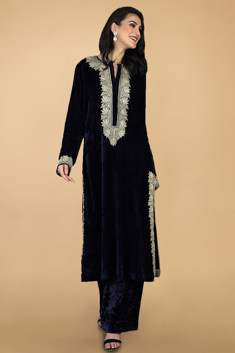 Midnight Blue Silk Velvet Kashmiri Tilla Embroidered Kurta Set