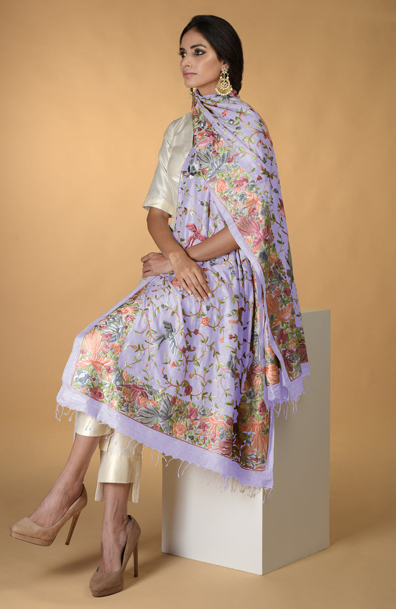 Pre-Order Masterpiece Lavender Parsi Gara Hand Embroidered Dupatta