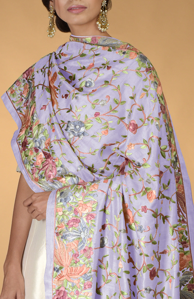 Pre-Order Masterpiece Lavender Parsi Gara Hand Embroidered Dupatta