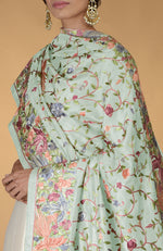 Pre-Order Masterpiece Sage green Parsi Gara Hand Embroidered Dupatta