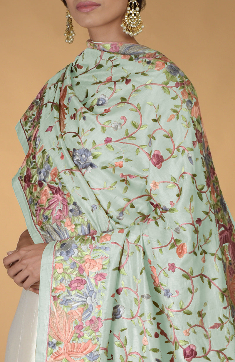Pre-Order Masterpiece Sage green Parsi Gara Hand Embroidered Dupatta