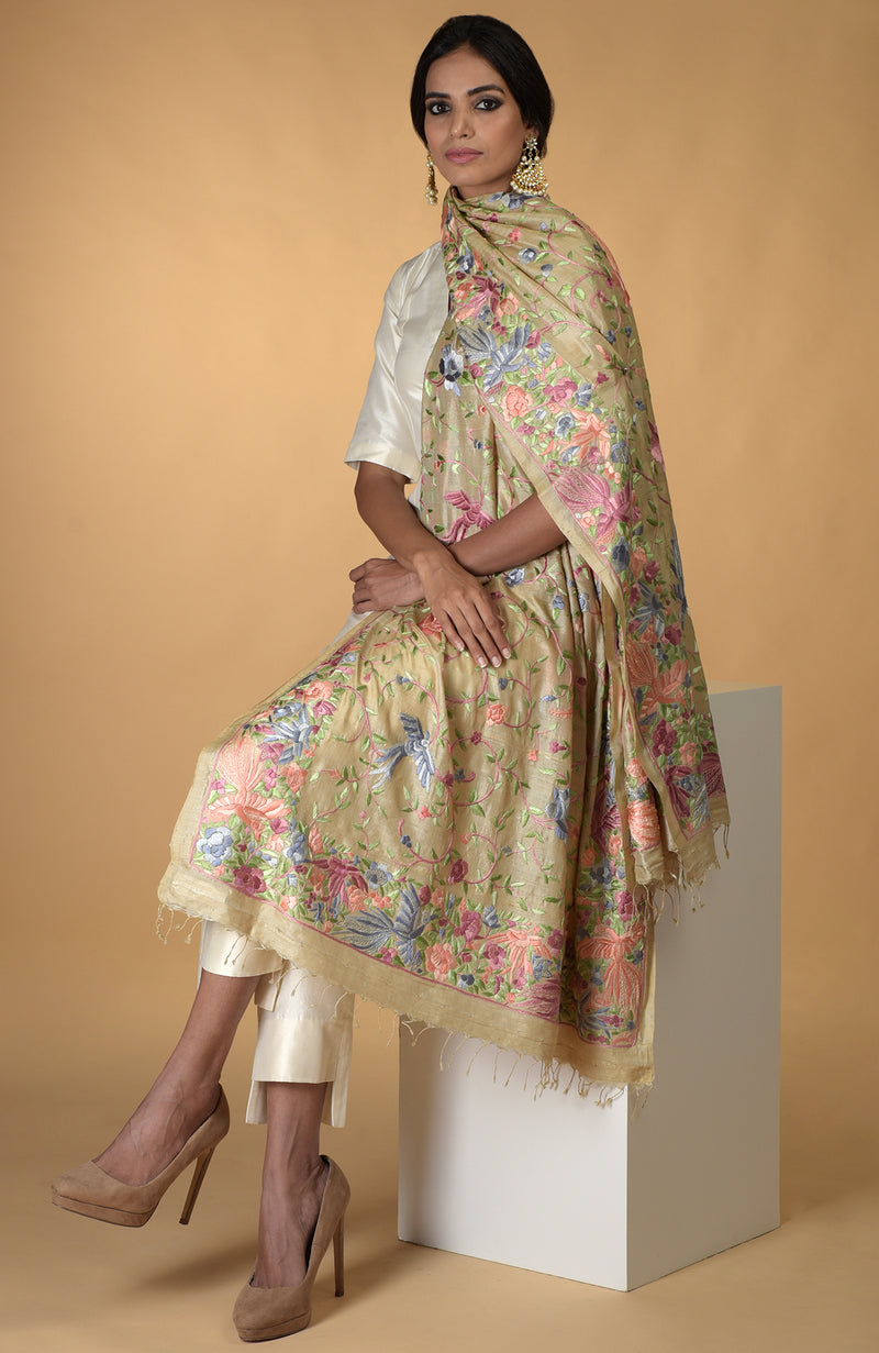 Pre-Order Masterpiece Fawn Parsi Gara Hand Embroidered Dupatta
