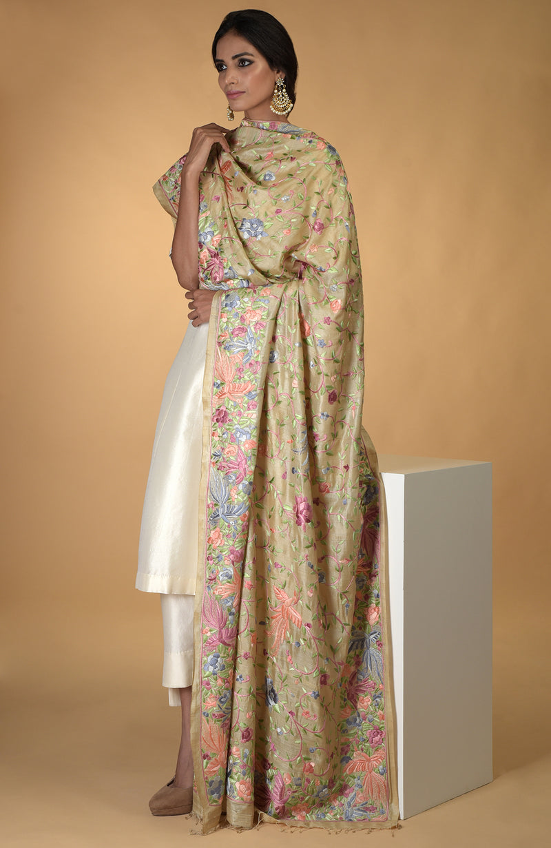 Pre-Order Masterpiece Fawn Parsi Gara Hand Embroidered Dupatta