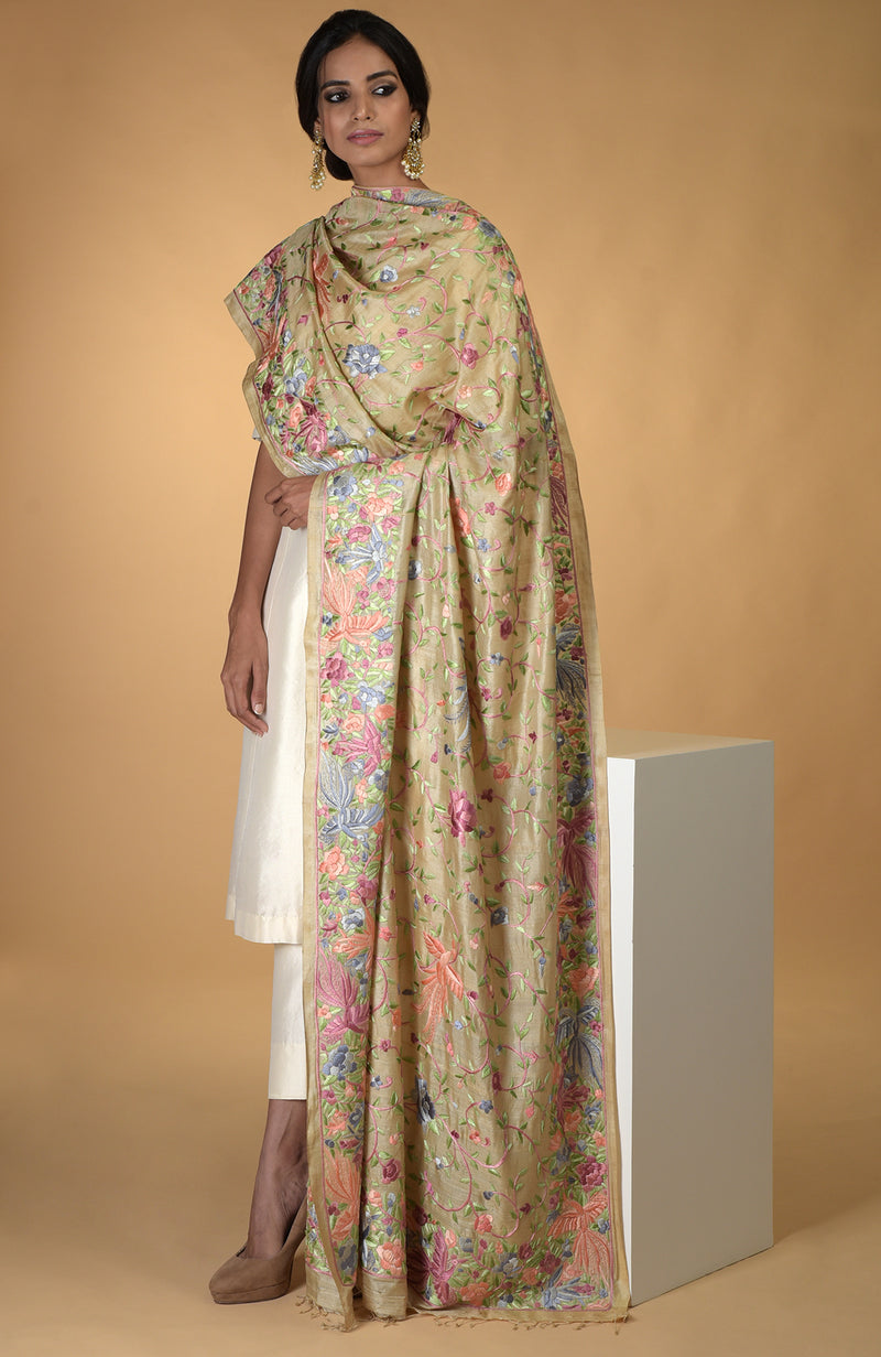 Pre-Order Masterpiece Fawn Parsi Gara Hand Embroidered Dupatta