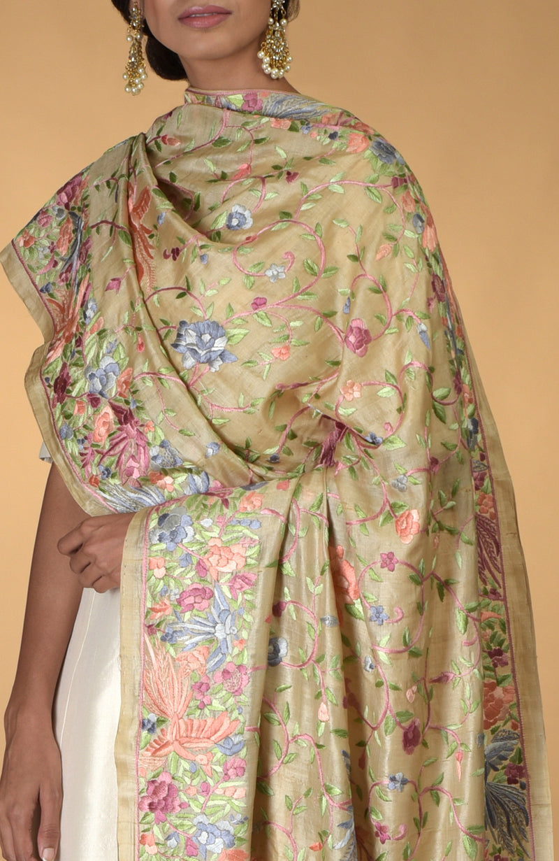 Pre-Order Masterpiece Fawn Parsi Gara Hand Embroidered Dupatta