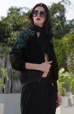 Flower Chakra Black- Blue 3D Hand Embroidered Organza Bomber Jacket
