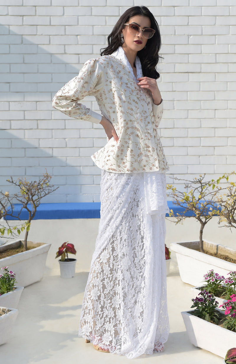 Snowberry Sequined Ivory-Pink Hand Embroidered Structured Jacket