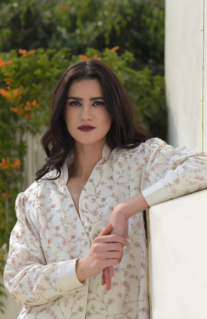 Snowberry Sequined Ivory-Pink Hand Embroidered Structured Jacket
